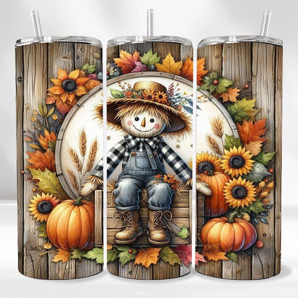 NEW Fall Leaves Sunflower Scarecrow 20oz Skinny Tumbler With Lid Reusable Straw